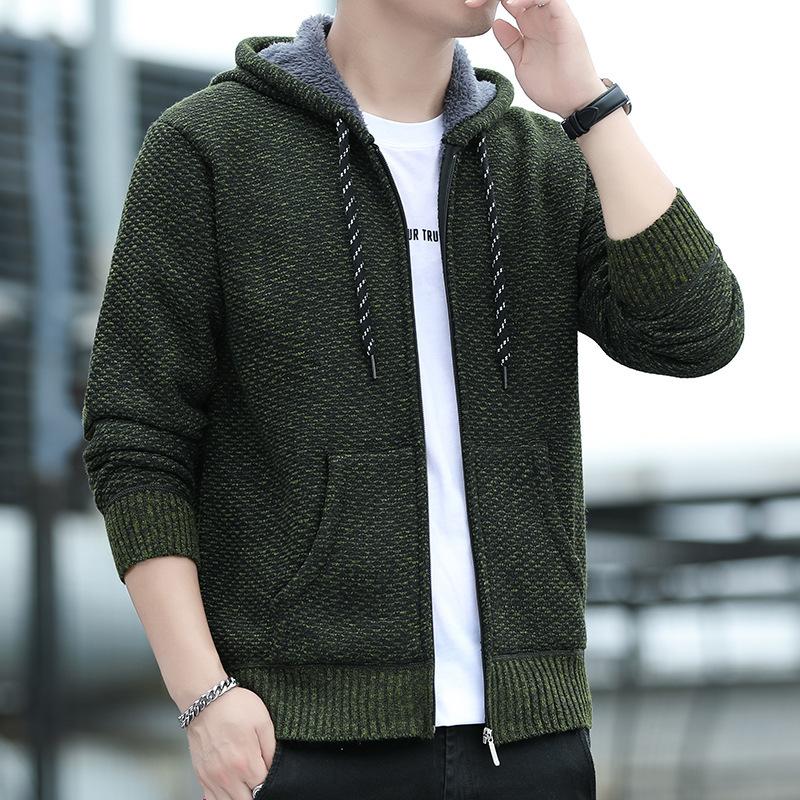 Knitted Sweater for Young and Middle-aged Men Cardigan Jacket Plus Velvet Thickened Hooded Solid Color Sweater