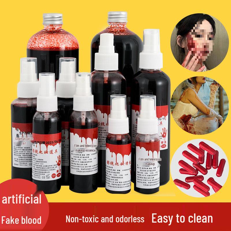 Washable Fake Blood Spray & Capsules for Halloween Makeup & Acting.