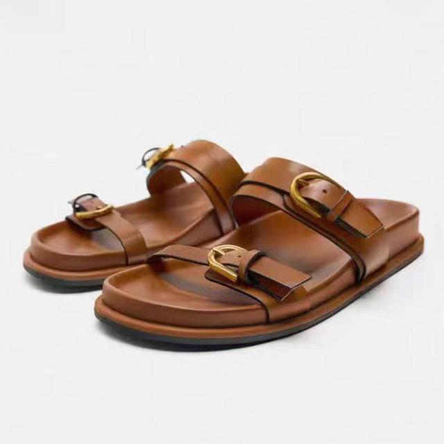 Ciabatta piatta con fibbia in metallo marrone 2024 da donna a punta tonda aperta sul davanti ciabatte flatfrom per donna casual comode da interno scarpe con suola spessa