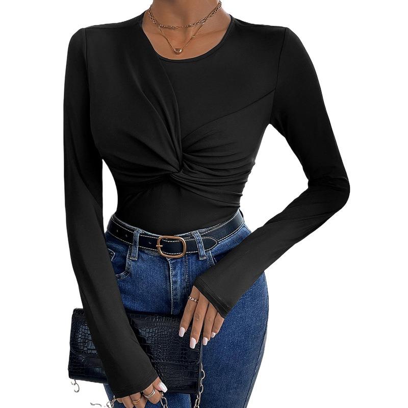 Women Round Neck Black Twisted Sexy Bodysuit Fashion Elegant New Long Sleeve Slim Fit Jumpsuits Rompers Women Black Casual Ladies Bodysuits 2406