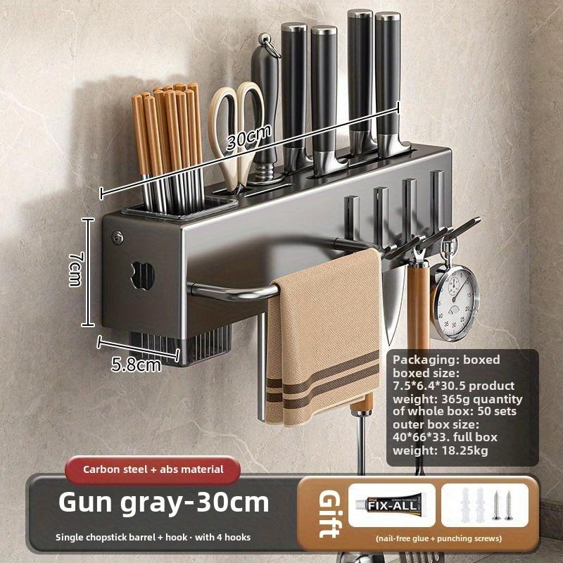 Stainless steel wall mounted tool holder without drilling, multifunctional kitchen storage rack with integrated chopstick cage.