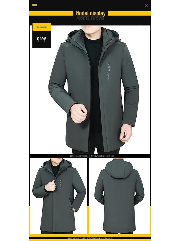 Men's Winter Hooded Mid-Length Cotton Coat for Seniors - Thick, Plus Size Padded Jacket
