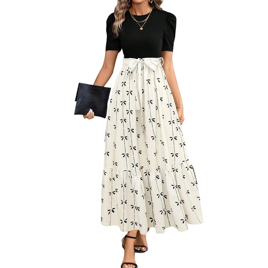 Women's Short-sleeve -color Dress With Patchwork Print, Fashionable Printed Long Dress