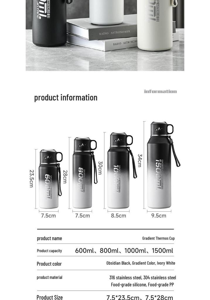 Large Capacity 316 Stainless Steel Thermos for Outdoor Sports, Student-Friendly, Double-Wall Insulation, High-Quality Portable Water Cup.