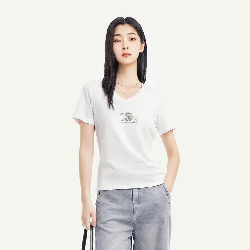 FivePlus Sweet V-Neck Pearl Pattern Short-Sleeve T-Shirt