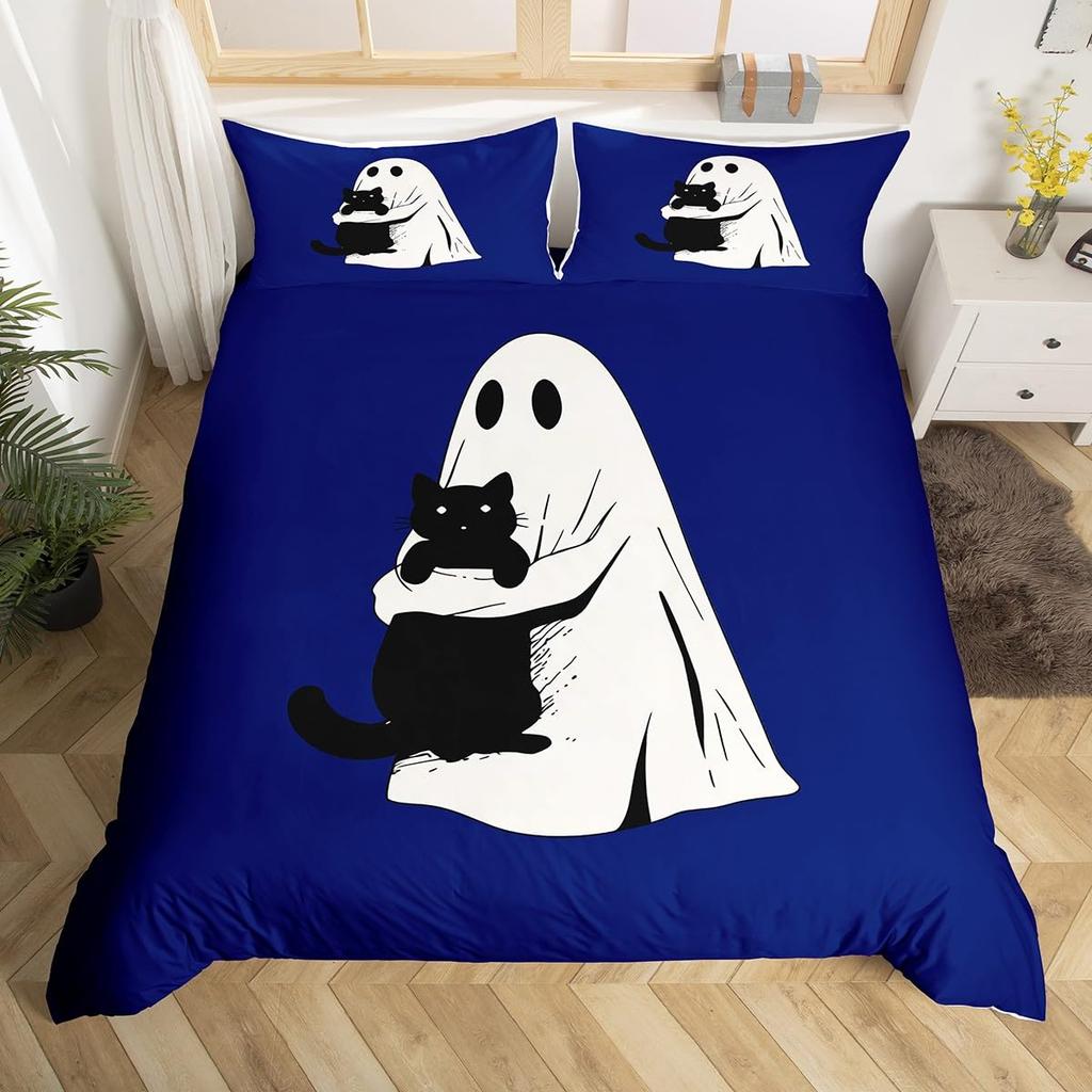 Cartoon Ghost Pink Duvet Cover Cute Black Cat Pet Animal Kitten Quilt Cover Happy Halloween Theme Bedding Set with 2 Pillowcases
