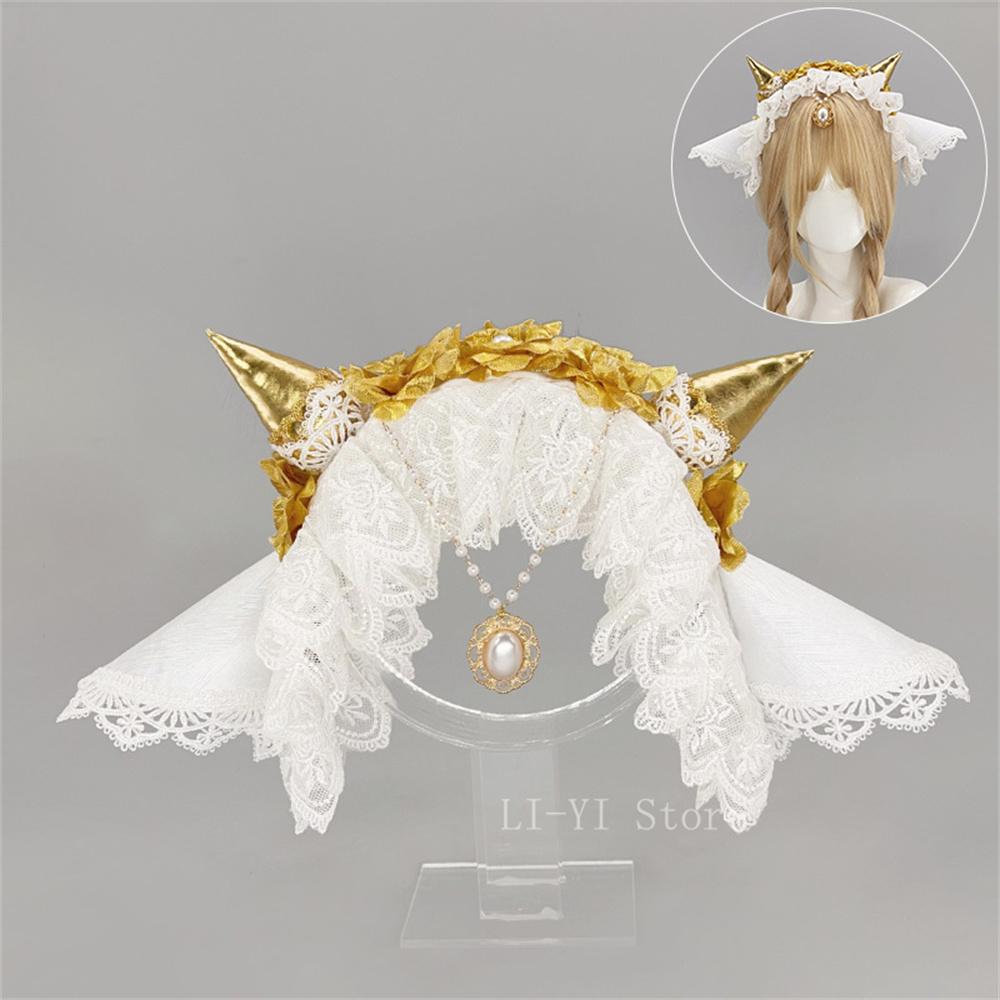 

Game Role Play Props Lace Hair Band With Goat Horns Gothic Lolita Headband Doll-Like Cosplay Hairpiece Maid Costume Accessories as show