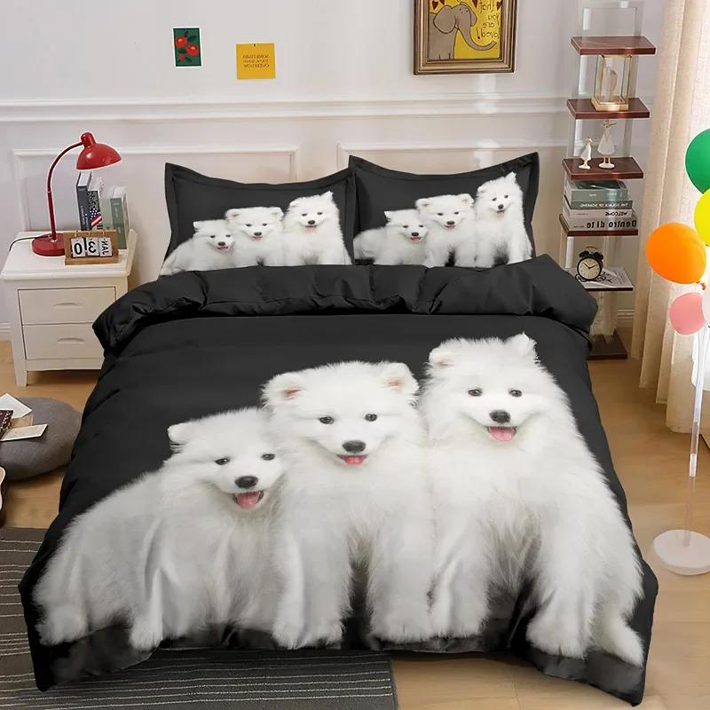 Samojedhund Påslakan King Queen Size Härligt Leende Husdjur Valp Sängkläder Set Vuxna Kvinnor Söt Vit Djur Polyester Täcke
