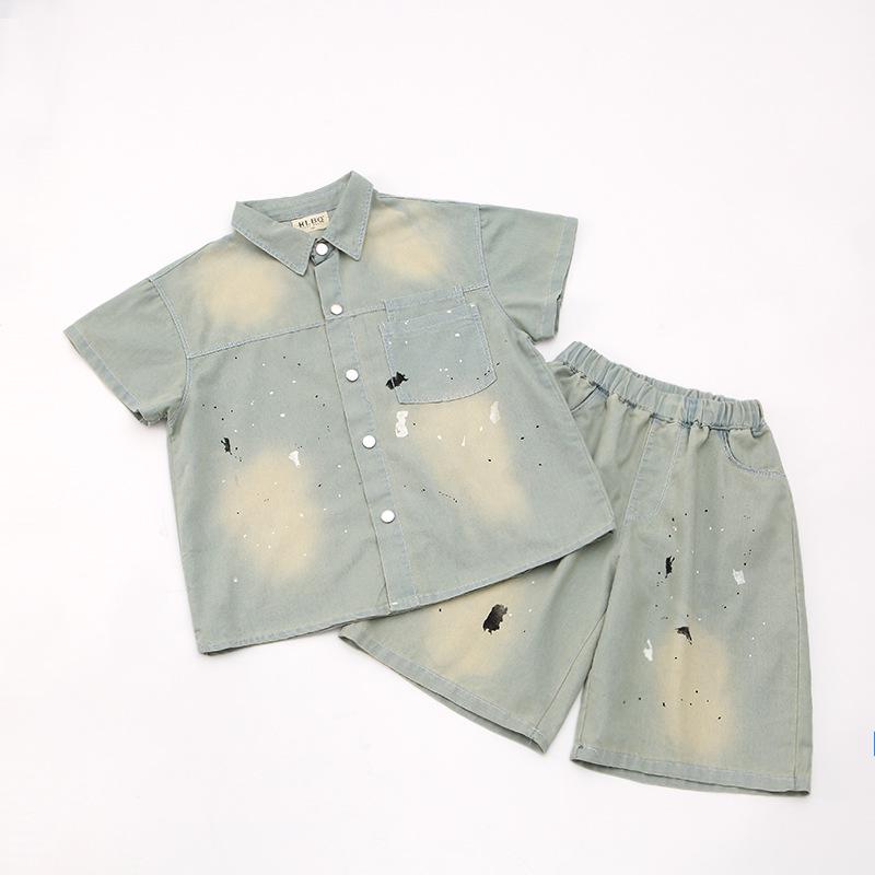 Boys' Summer Denim Short Sleeve and Shorts Set - 2025 Trendy Two-Piece for Middle and Big Kids