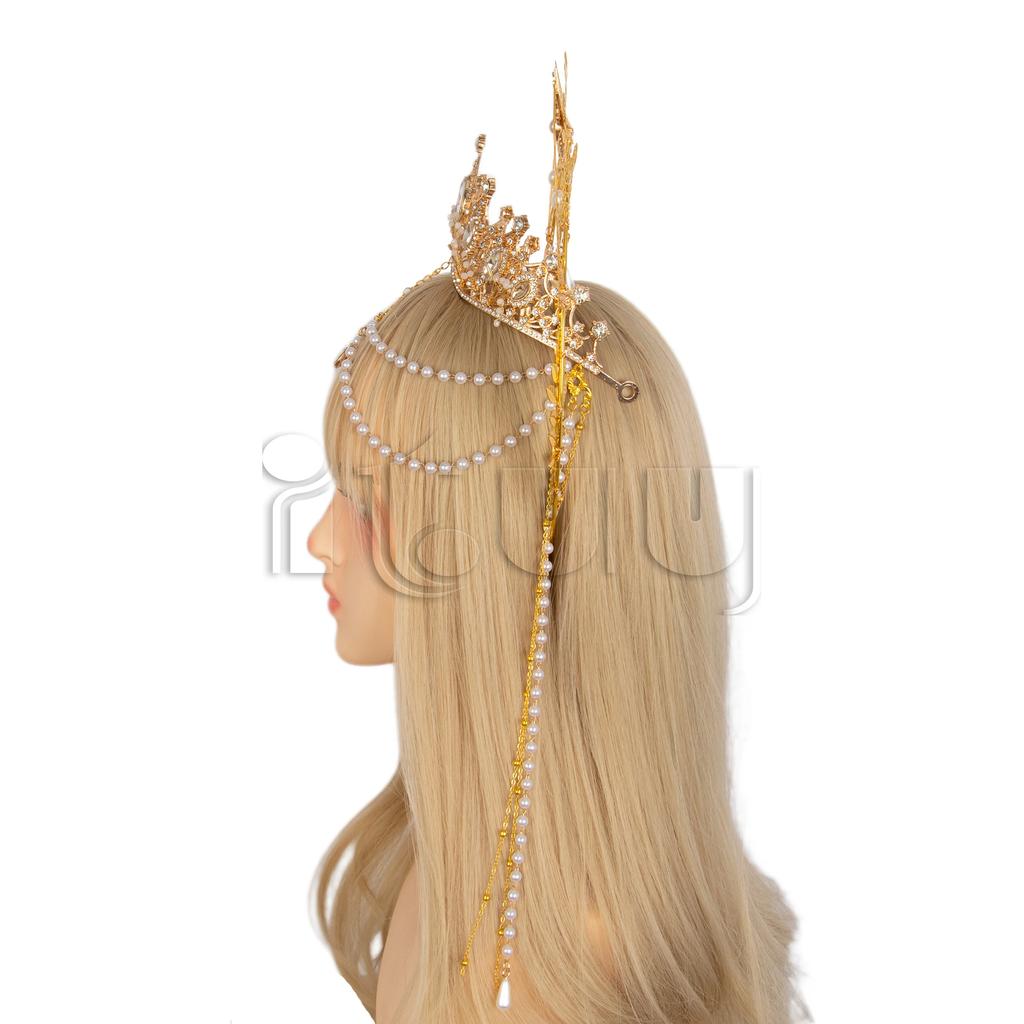 Lolita Angel Wings Gold Sun Leaves Spiked Sunburst Halo Crown Headpiece Goth Crystal Pearl Pendant Holy Crown Bride Wedding Gift