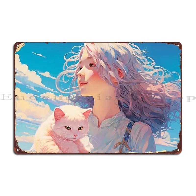 Girl With Snowy Hair Embracing A White Kitty Vretieljer Metal Sign Mural Printing Club Create Garage Tin Sign Poster