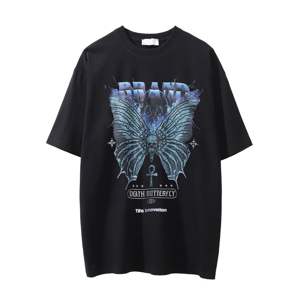 Camiseta de Manga Corta con Estampado de Calavera y Diablo para Hombres Instagram Europa y América Calle Cuello Redondo Viejo Manga 3/4 Verano Ciencia Ficción Corte Holgado