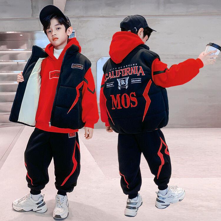 Autumn and Winter Three Piece Set Big Children's Casual Vest Three-piece Suit Boys'  Plus Velvet Thickened Suit