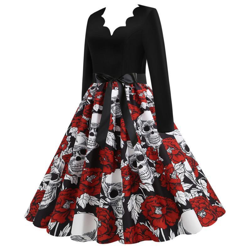 In-Stock 2021 Halloween Skull Print V-Neck Flared Dress with Ribbon