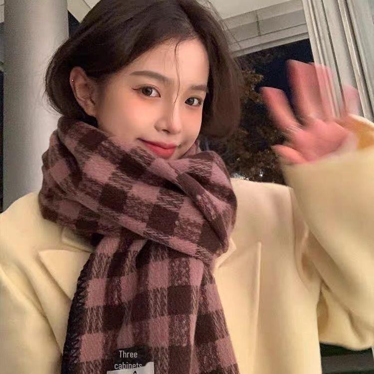 

Женский клетчатый ретро-шарф 2024 года — утолщенный, двухцелевой платок, теплый шейный платок зеленого цвета розовый