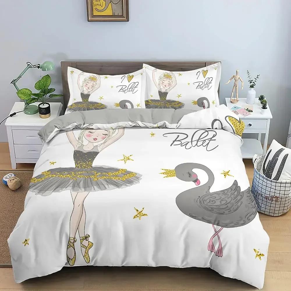Cartoon Ballet Dancing Girl Comfortable Duvet Quilt Cover Pillowcase Bedding Set Children Bedroom Decoration Home Textile