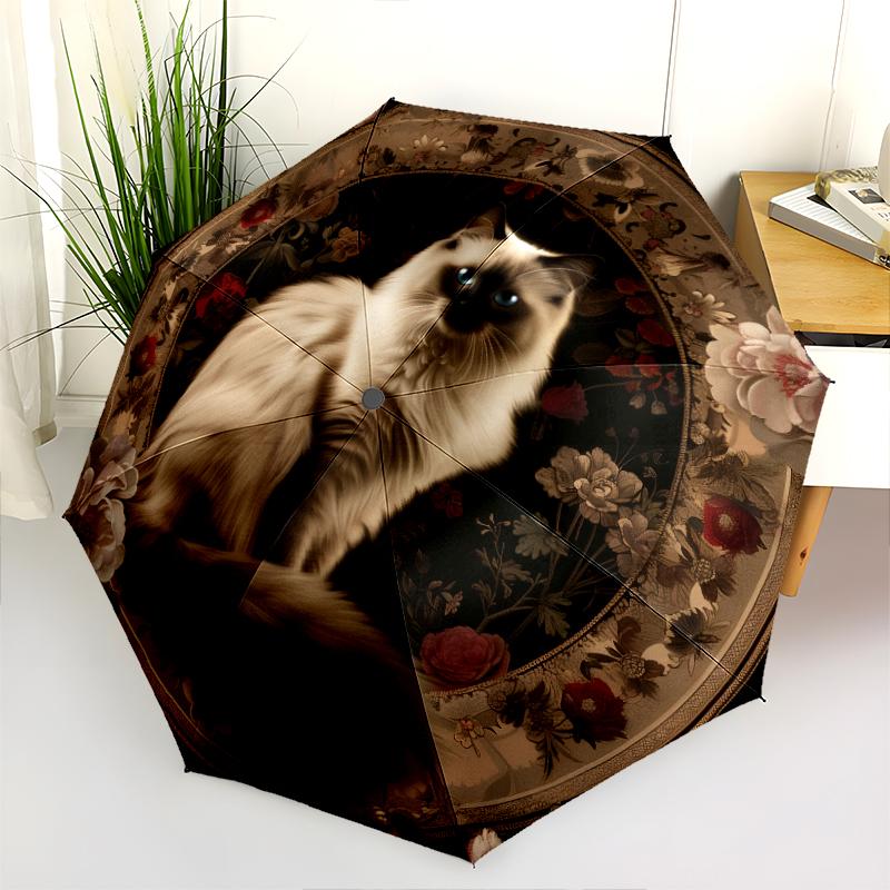 Cats and Vintage Flowers Pattern, Automatic Folding Umbrella, Portable and Foldable Design, 8 Ribs, a Christmas or Birthday Gift.