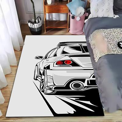 Sporty Car Design Rug with Modern White and Black Stylish Pattern Suitable for Use As an Anti-slip for Living Room Bedroom Sofas