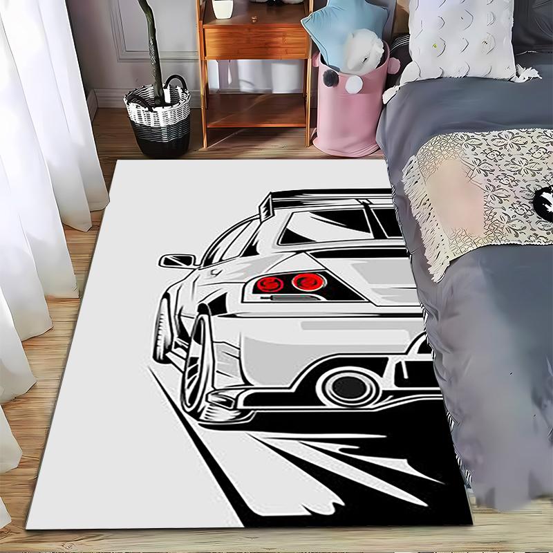 Sporty Car Design Rug with Modern White and Black Stylish Pattern Suitable for use as an anti-slip for living room bedroom sofas
