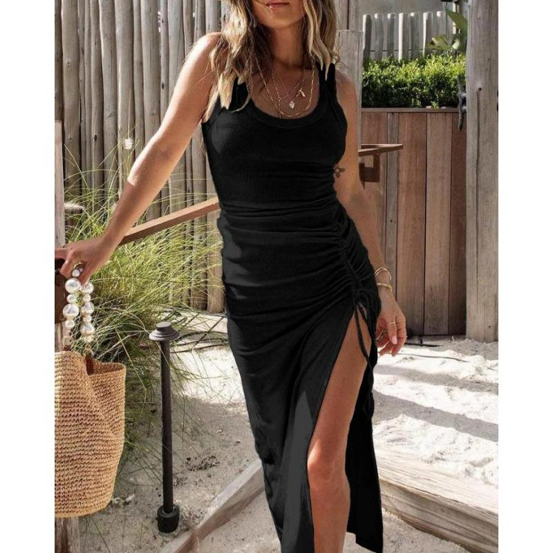 Women's Sleeveless Midi Dress Ruched Side Slit Slim Fit Bodycon Summer Party Dress