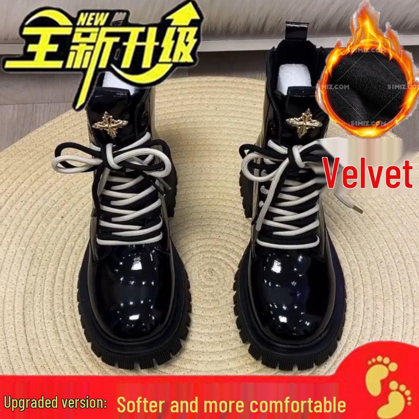Genuine Women's Soft Leather Patent British Style Ankle Boots, 2025 Autumn/Winter, Plus Velvet, Thick Sole, Fashionable Martin Design