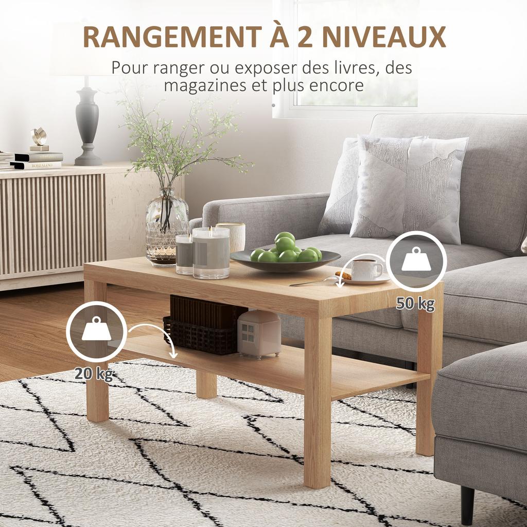 Vardagsrumsbord, Rektangulärt sidobord i 2 nivåer med förvaringshylla, 90x45x44,5 cm, Naturträ