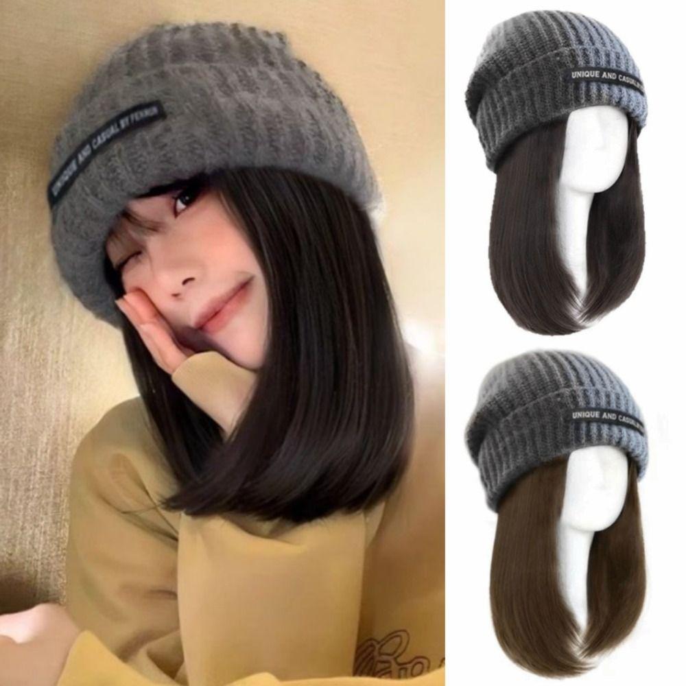 14 inch Beanie Hat Hairpiece Knitted Cap Warm Ski Hat Wigs for Autumn and Winter