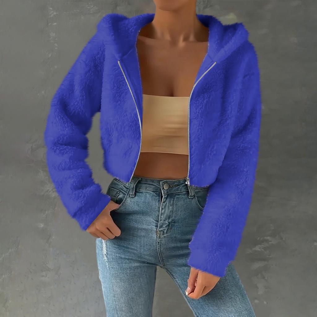 Women's Fashionable Casual Thick Fleece Top Short-Length Long-Sleeved Hooded Jacket