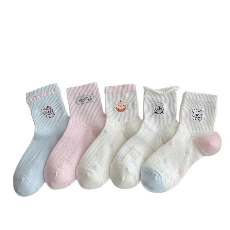 White Socks Children Spring/summer Mesh Mid-calf Cotton Socks, Sweat-absorbing and Breathable, Embroidered Short Socks