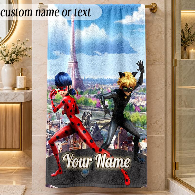 Beach TowelMiraculous Ladybug Custom Name Text Personalized Soft Towel for Beach Pool Indoor Home Decor Gift