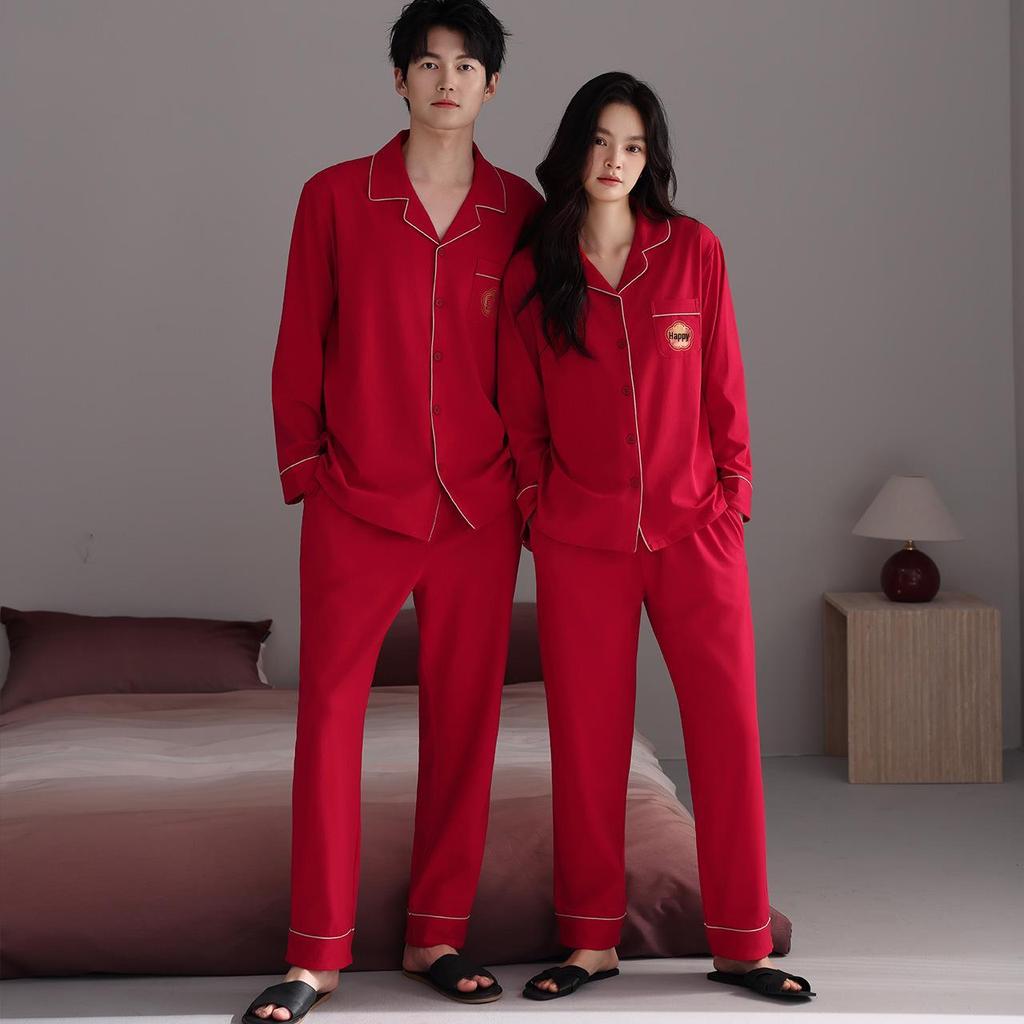 Rotes Paar Pyjama Set: Viskose Baumwolle, Lange Ärmel & Hose, Festliche Homewear für Frühling und Herbst