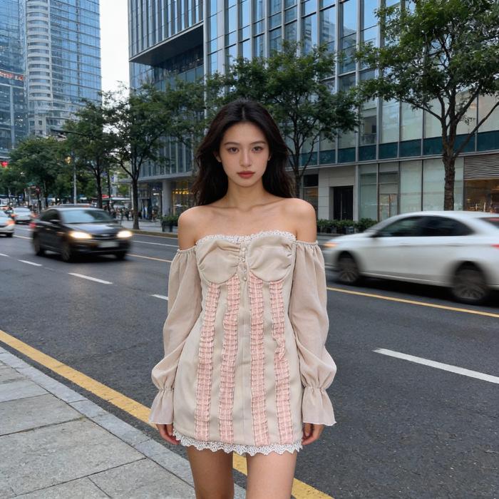 Elegant Lace-Trim Lantern Sleeve One-Shoulder Dress - Slim Fit, Hip-Hugging Short Skirt