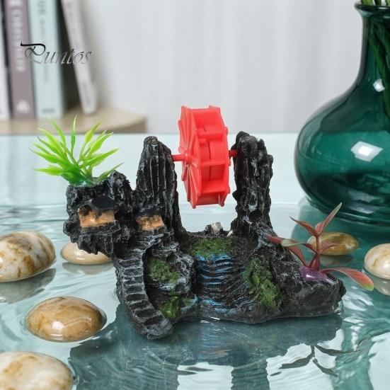Spinning Waterwheel for Fish Tank Aquarium Waterwheel, Ornament, Mini Rockery Mountain Air Bubbler, Resin Accessory Aerating Action Hideout Cave Betta