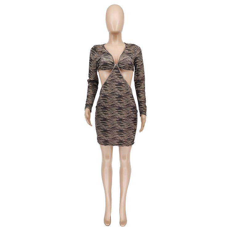 JH5906 European & American Women's Sexy V-Neck Hollow Ribbed Long-Sleeve Dress