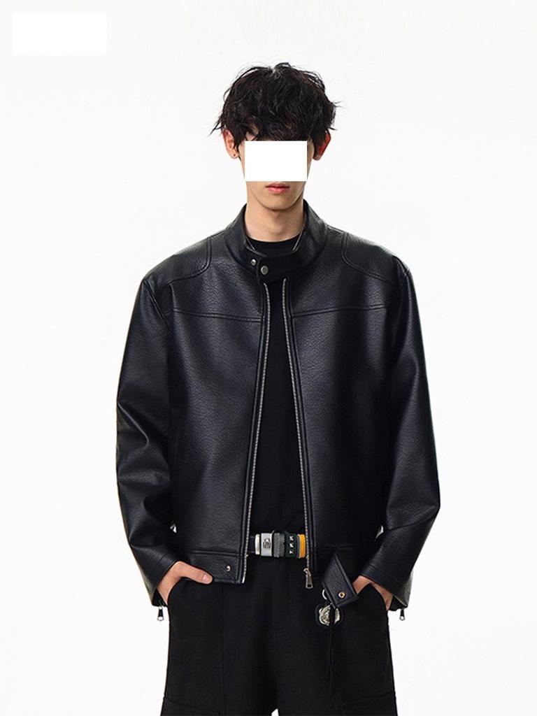 Men's High-End Black Leather Motorcycle Jacket with Shoulder Pads and Stand Collar