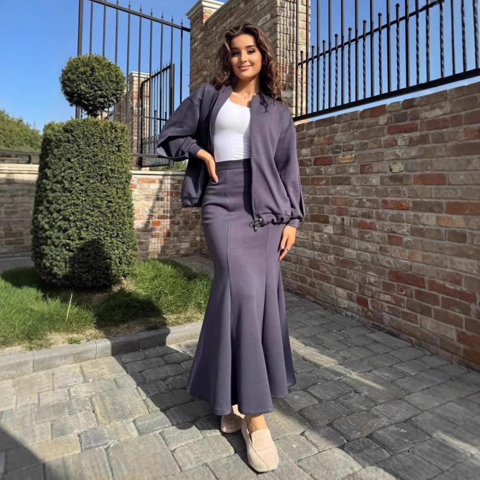 2024 Autumn Casual Solid Color Slim Fit Sweatshirt & Fishtail Skirt Two-Piece Set