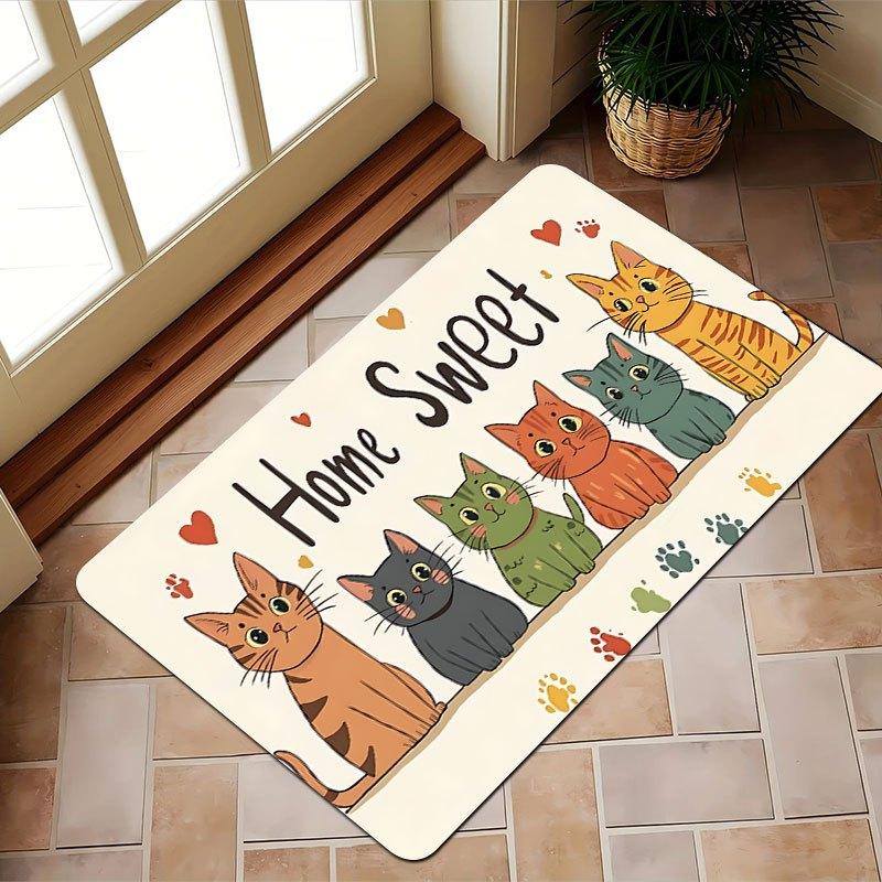 "Home Sweet Home" Cat Rug – Cute Cartoon Design, Soft Flannel Mat for Living Room, Bedroom, Entryway