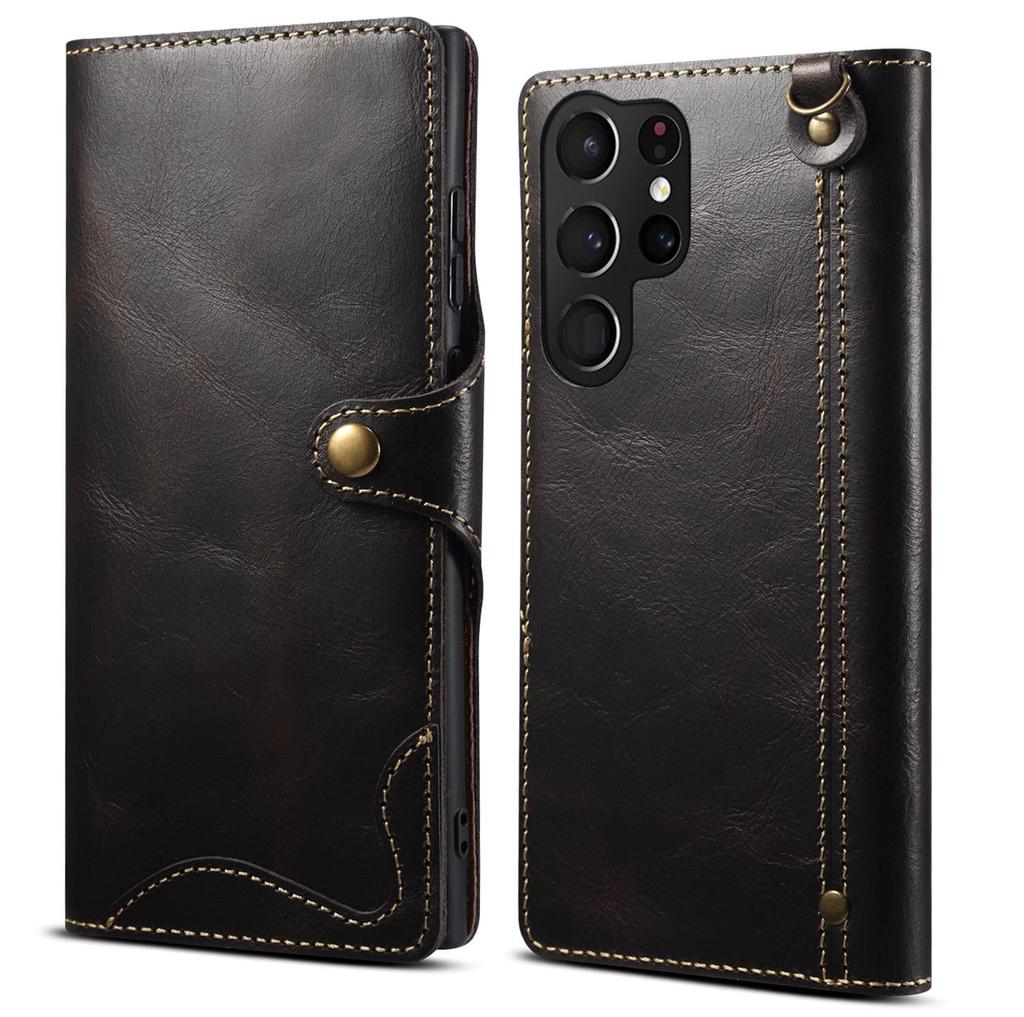 Samsung S26 Retro Genuine Leather Phone Case with Card Slot & Lanyard for S25 Ultra/S24+ Flip Cover