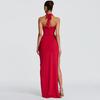 2026 Spring Women's Sexy Deep V-Neck Halter Backless Slit Pleated Bodycon Dress