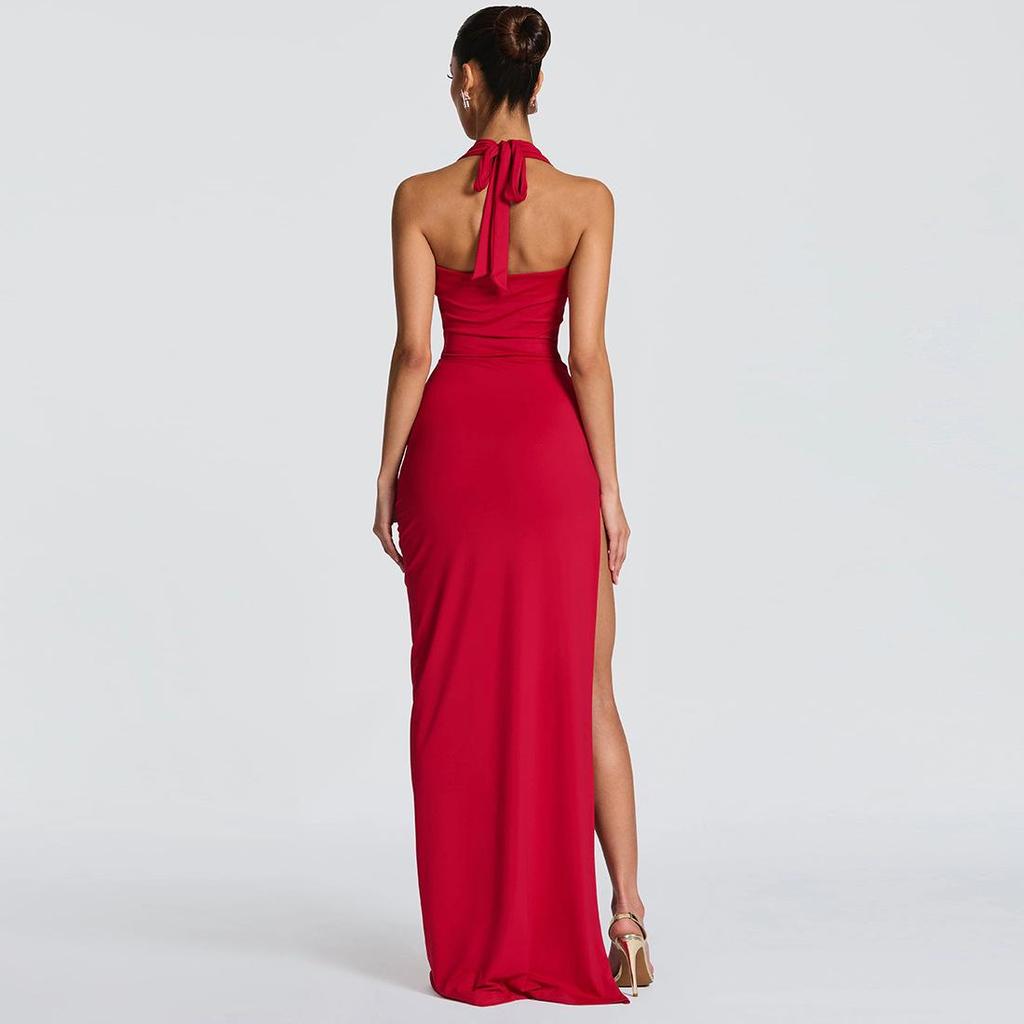 2026 Spring Women's Sexy Deep V-Neck Halter Backless Slit Pleated Bodycon Dress