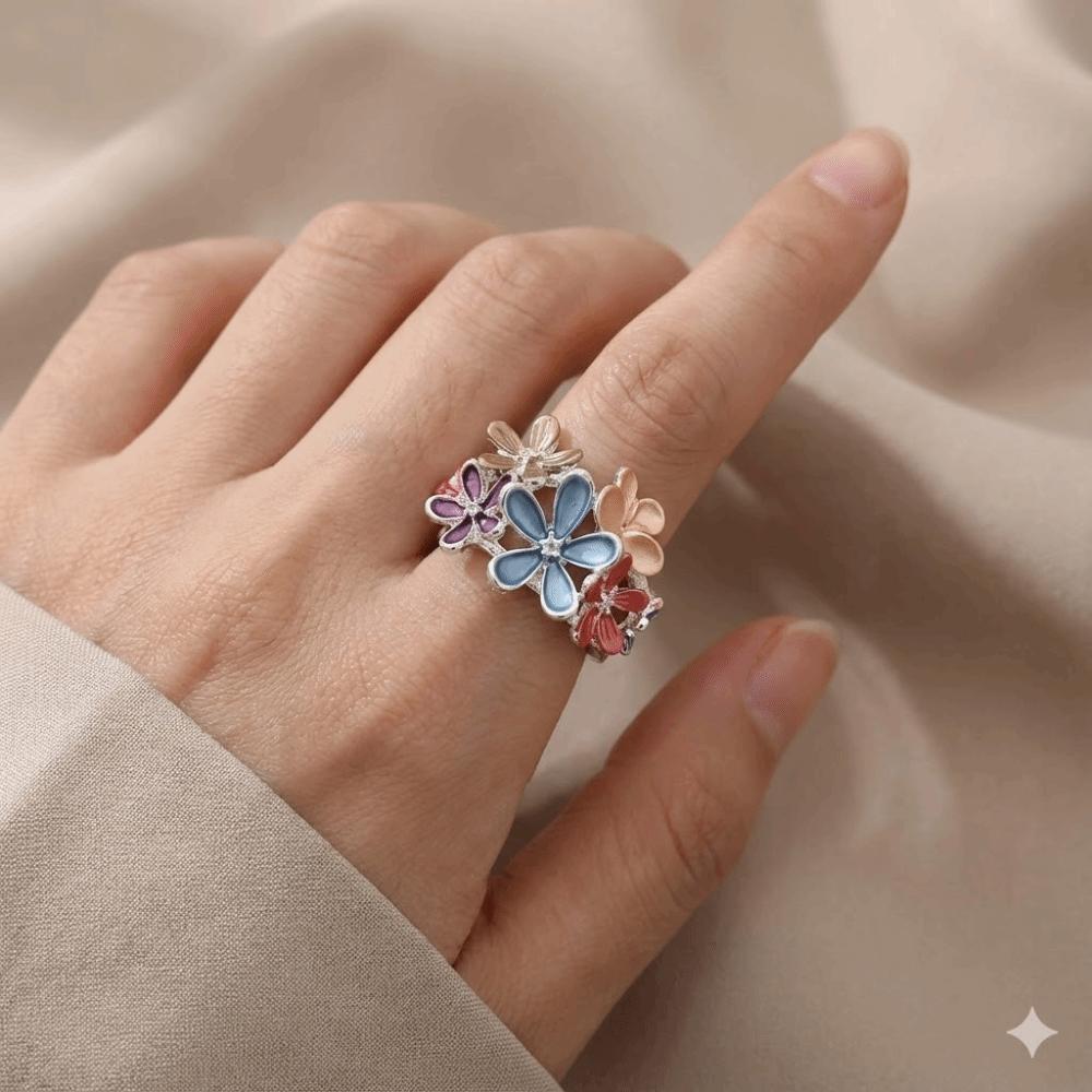Creative Painting Oil Flower Ring Petal Multicolor Stretch Ring Classic Chinese Opening Ring Girl