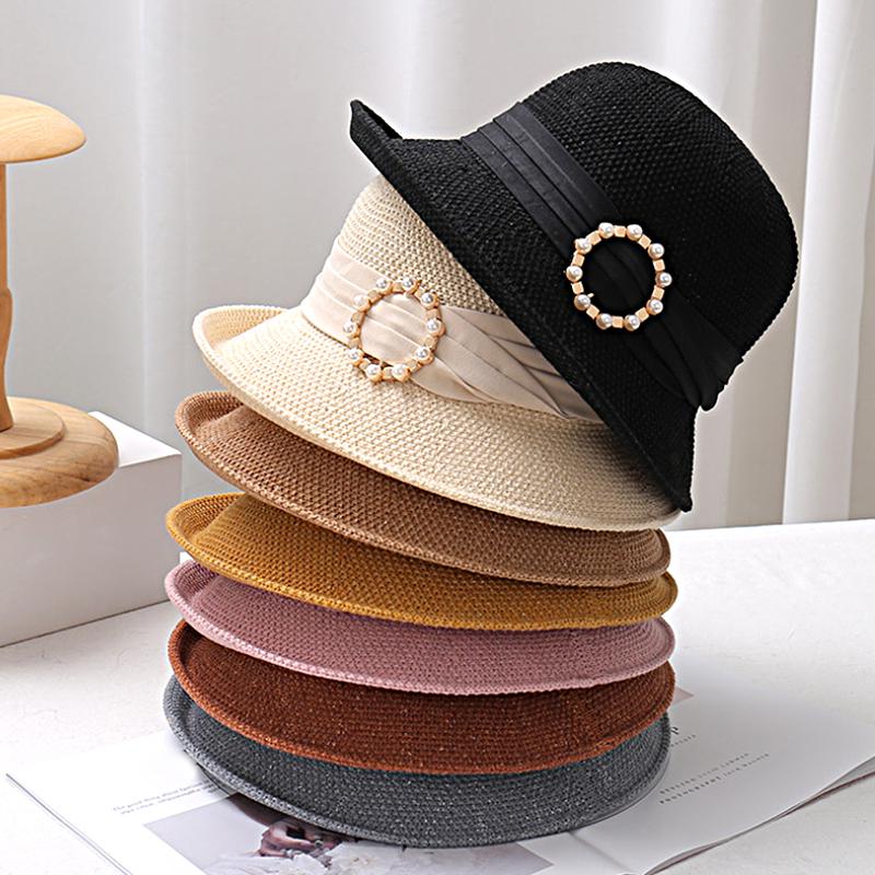 

Женская элегантная шляпа от солнца, шляпа-ведро, выдолбленная рыбацкая шляпа с широкими полями, жемчужная защита от солнца, пляжная