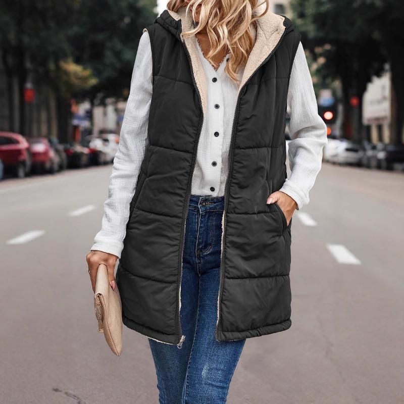 Women S Hooded Reversible Solid Color Vest Autumn Winter Casual Outerwear
