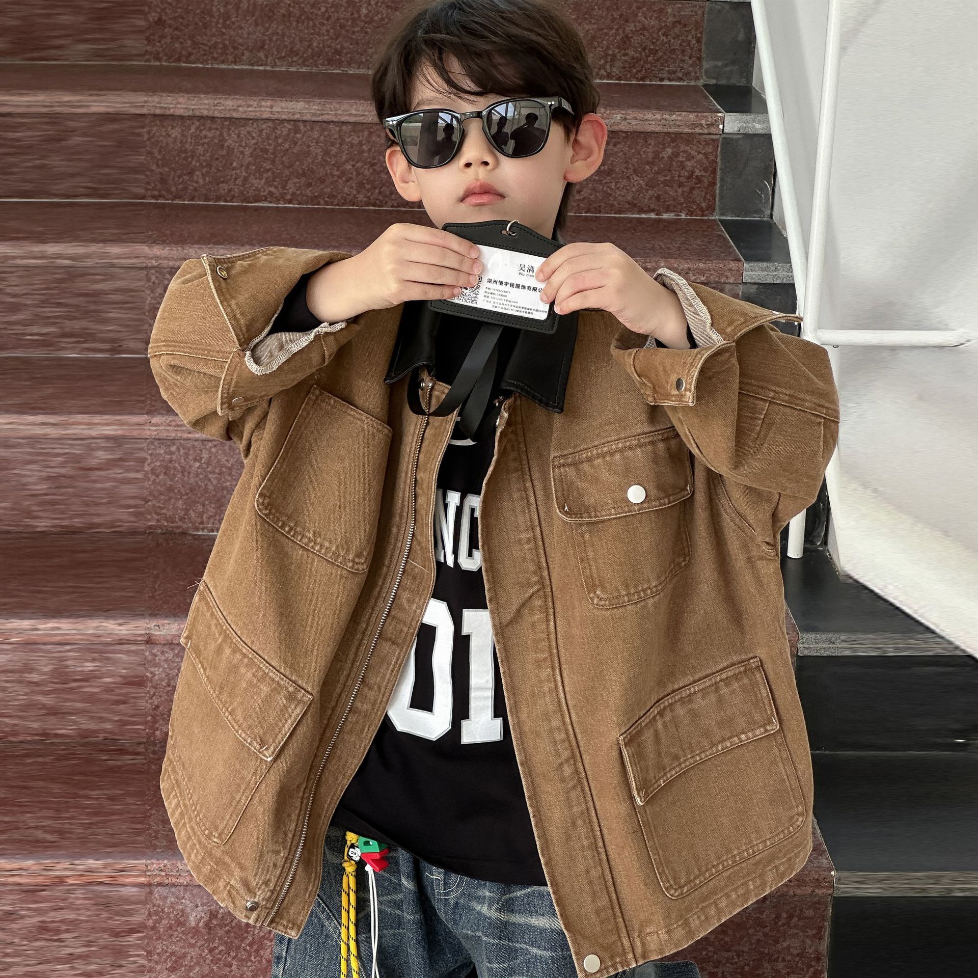 Boys Collared Spring Autumn Jacket – Casual Fashion Coat for Kids, Lightweight Open‑Front Outerwear for Little Boys 100cm темно-коричневого
