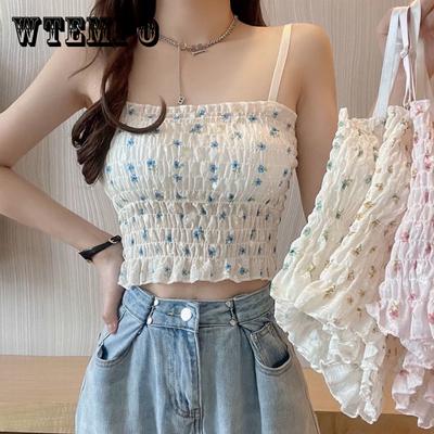 Summer Floral Suspender Women with Chest Pad Chic Small Interior Design Feeling Pleated Top