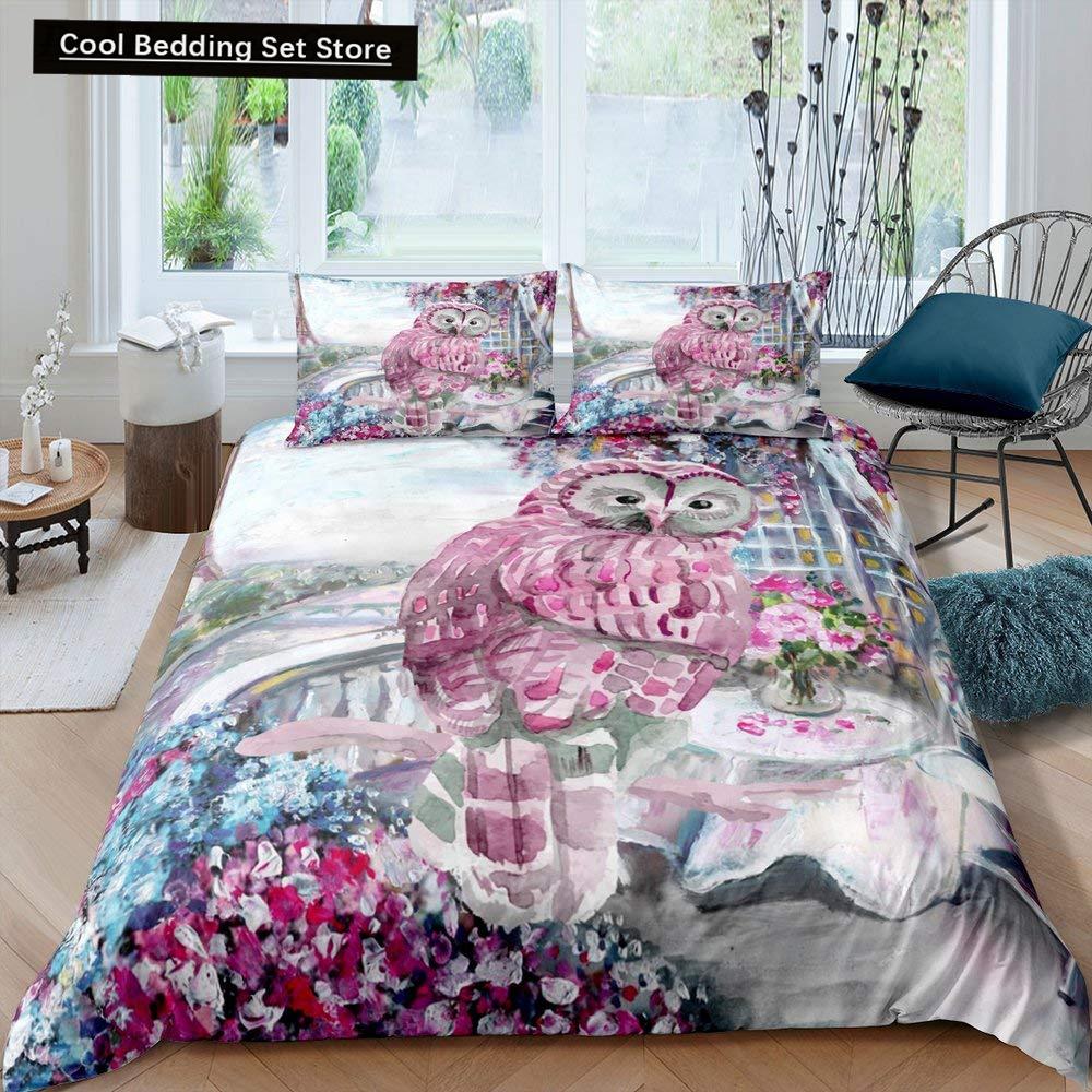 Black Owl King Queen Duvet Cover Moon Safari Bird Animal Bedding Set Lovely Wildlife Quilt Cover Grey Polyester Comforter Cover