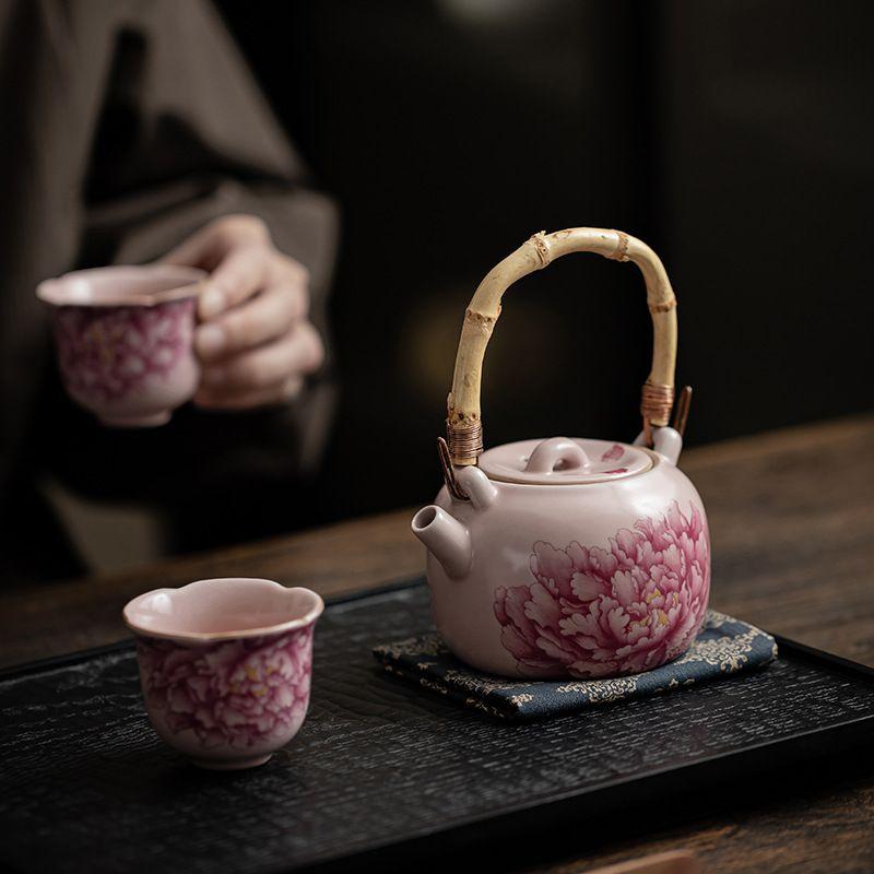 Creative Ceramic Teapot for Brewing Tea Pink Peony with Bamboo Handle Portable Kung Fu Tea Set and Office Ceramic Kettle Gifts