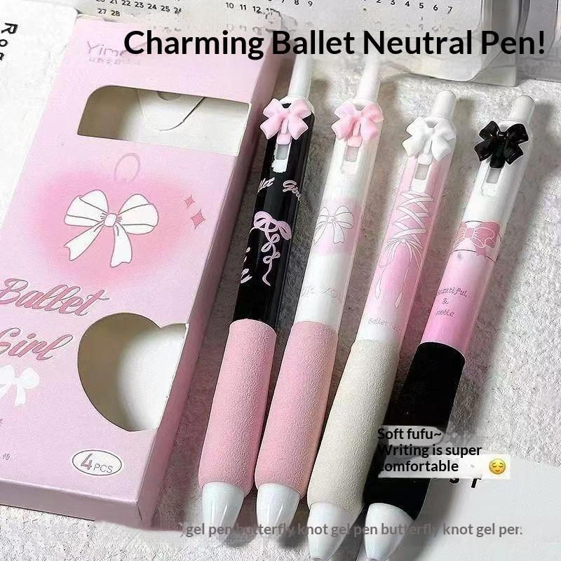 4 Peças Caneta Pressão Laço Preto e Branco Pegada Macia Super Alto Valor Pincel 0.5Mm Questão Secagem Rápida Pressionar Desenho Animado Caneta Neutra