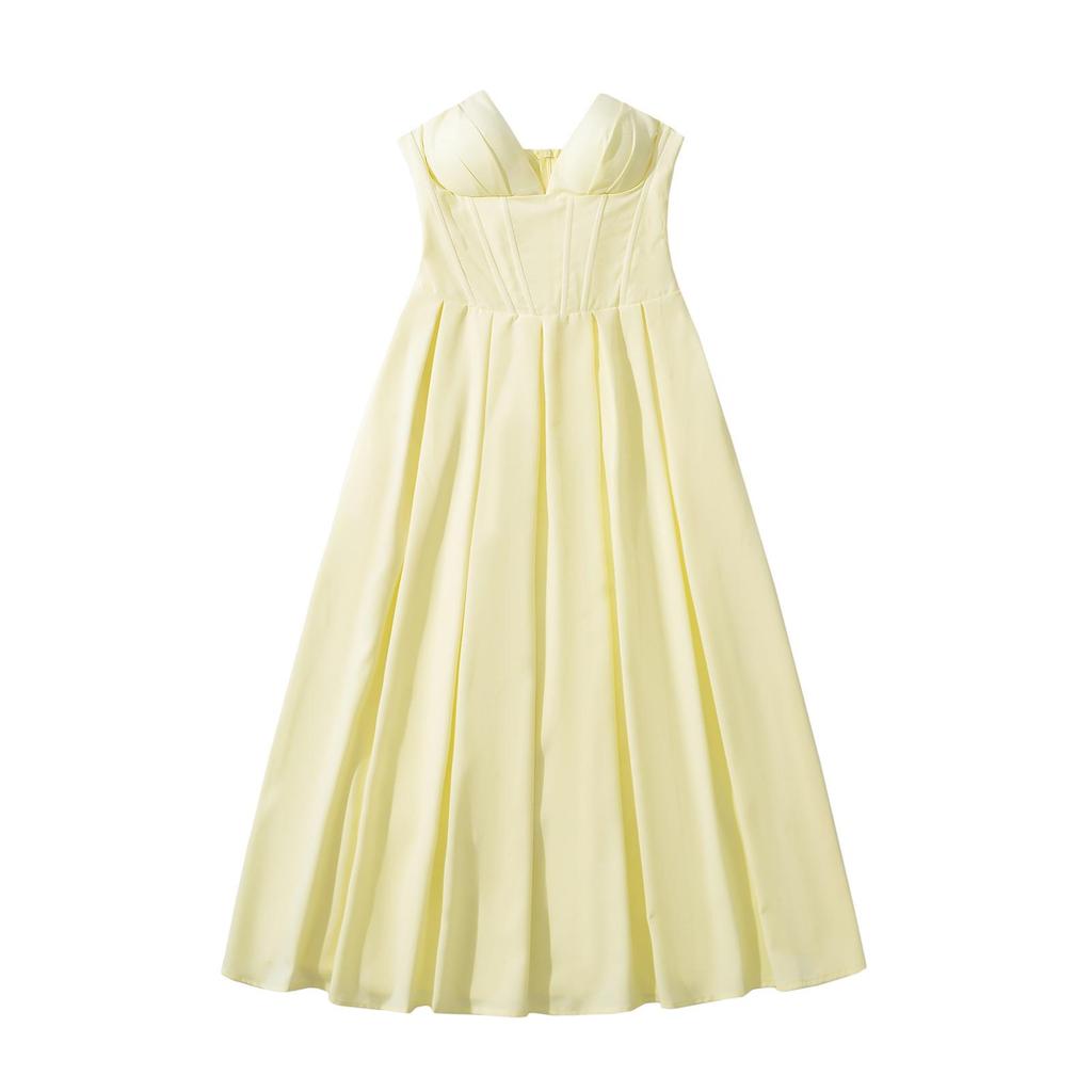 European & American V-neck Backless Dress - 2024 Summer French Hot Girl Style with Fishbone Waist and Pleated Long Skirt