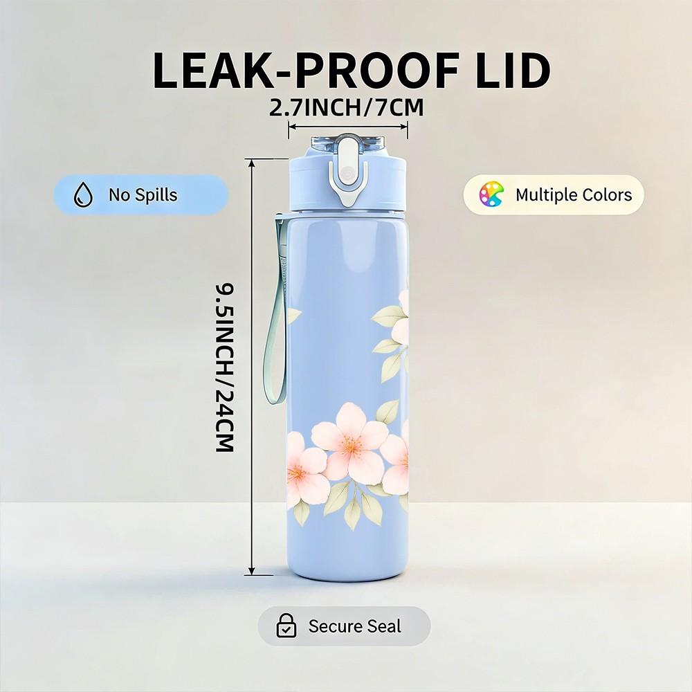 1PC Soft Pink Cherry Blossom Floral Print 750ml Color Plastic Sports Water Bottle Leakproof Flip Straw Lid Suitable for Sports Office Home Use